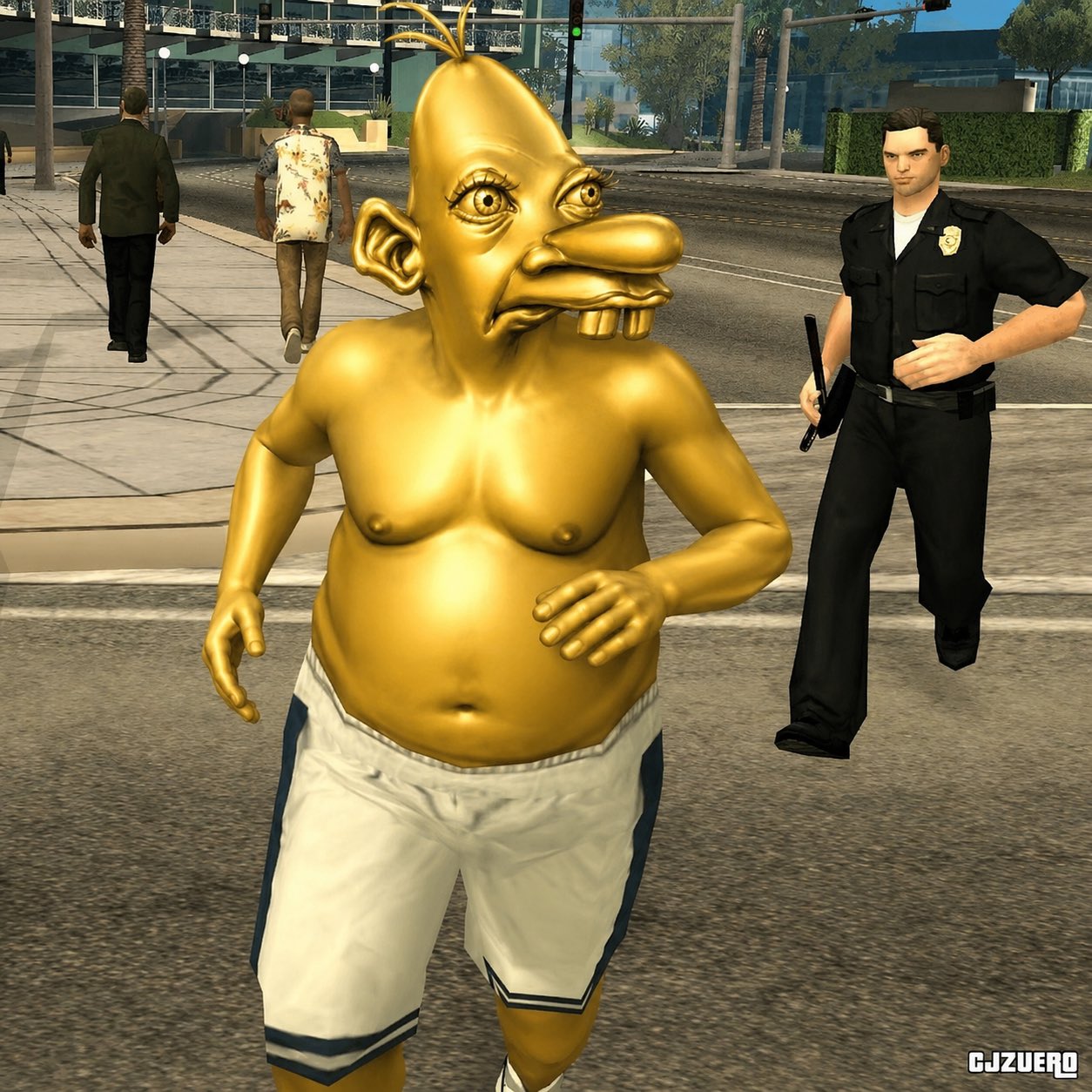 Neegy jogging down a game street while a police officer runs behind