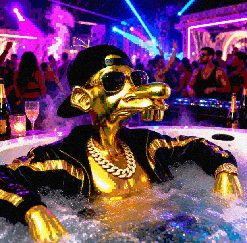 Neegy in a hot tub with sunglasses and a chain at a club