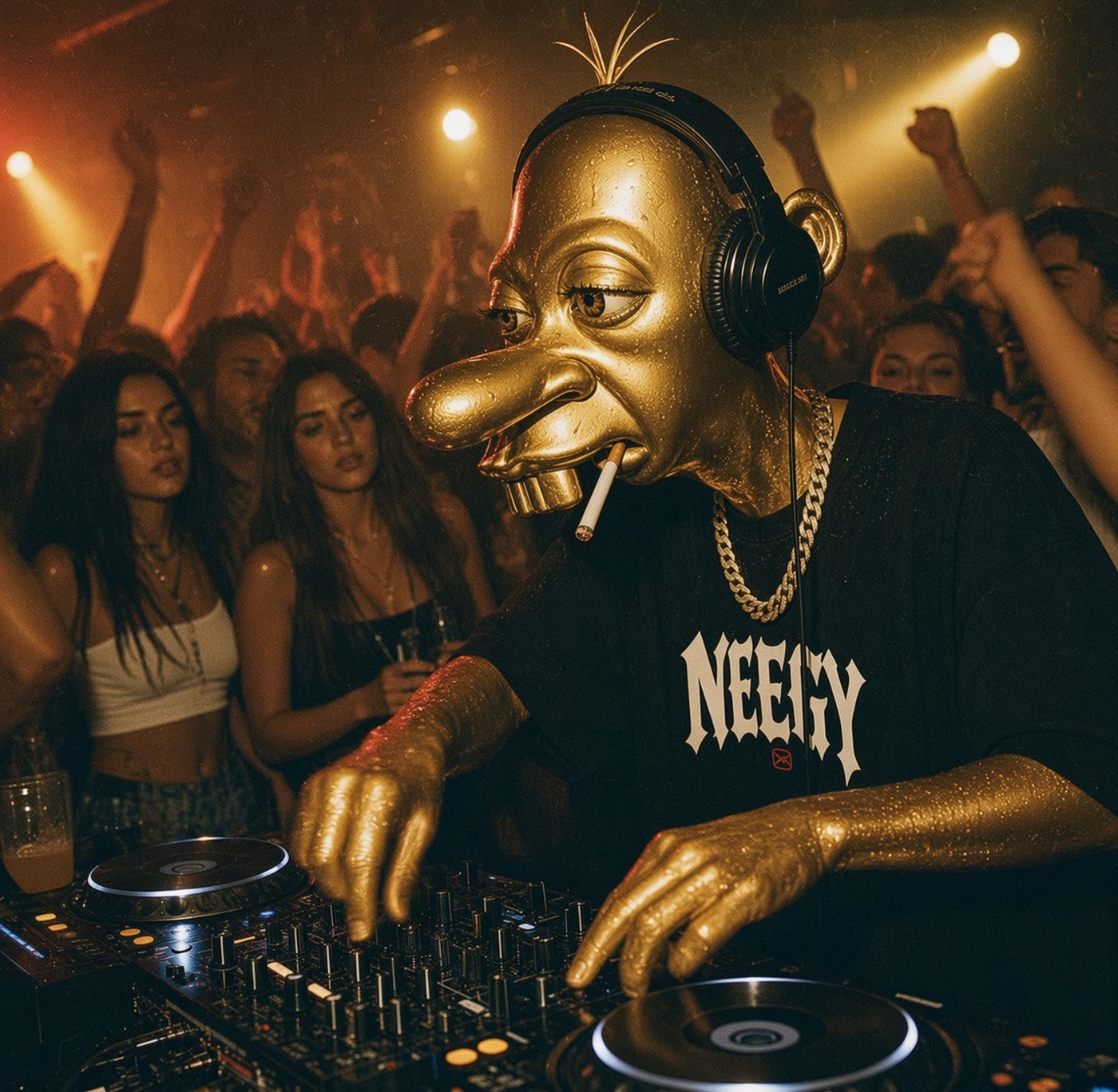 Neegy DJing to a packed club crowd