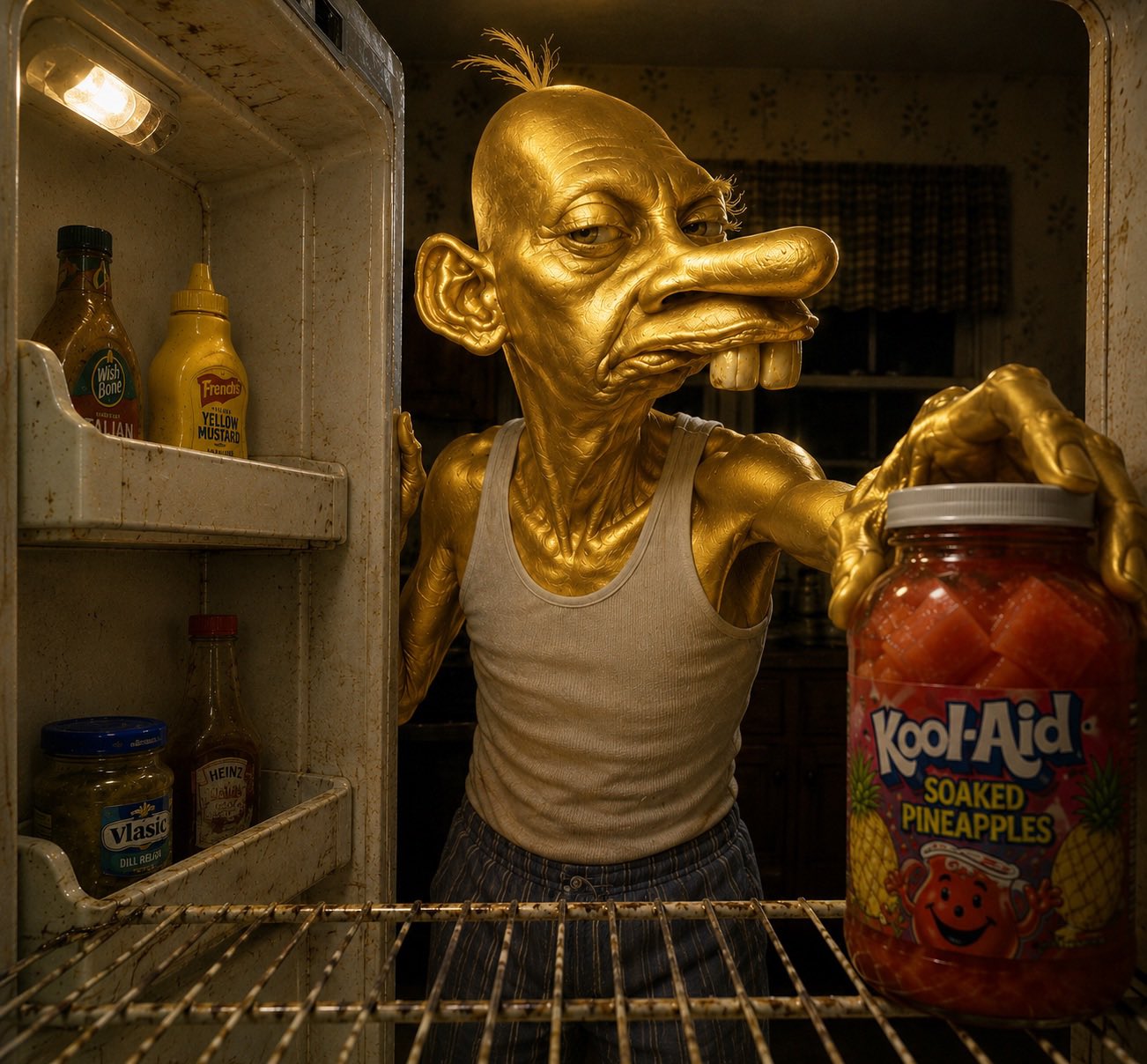 Neegy in a tank top reaching into an old fridge for a jar