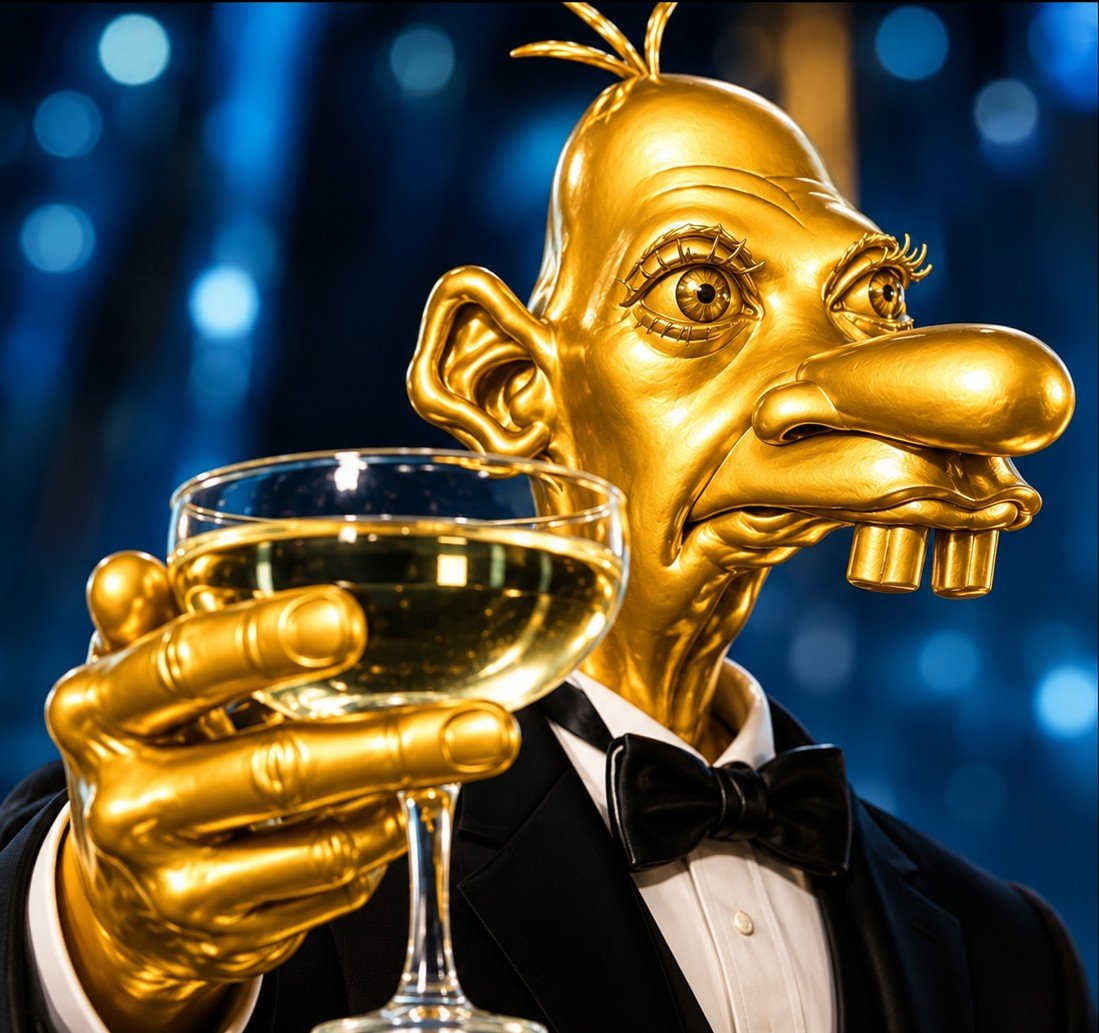 Neegy in a tuxedo raising a champagne glass