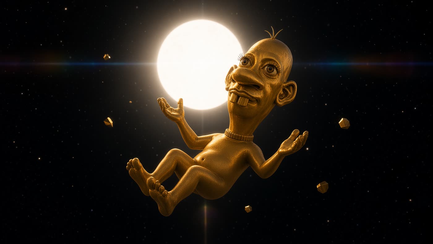 Golden Neegy floating in space in front of a bright sun