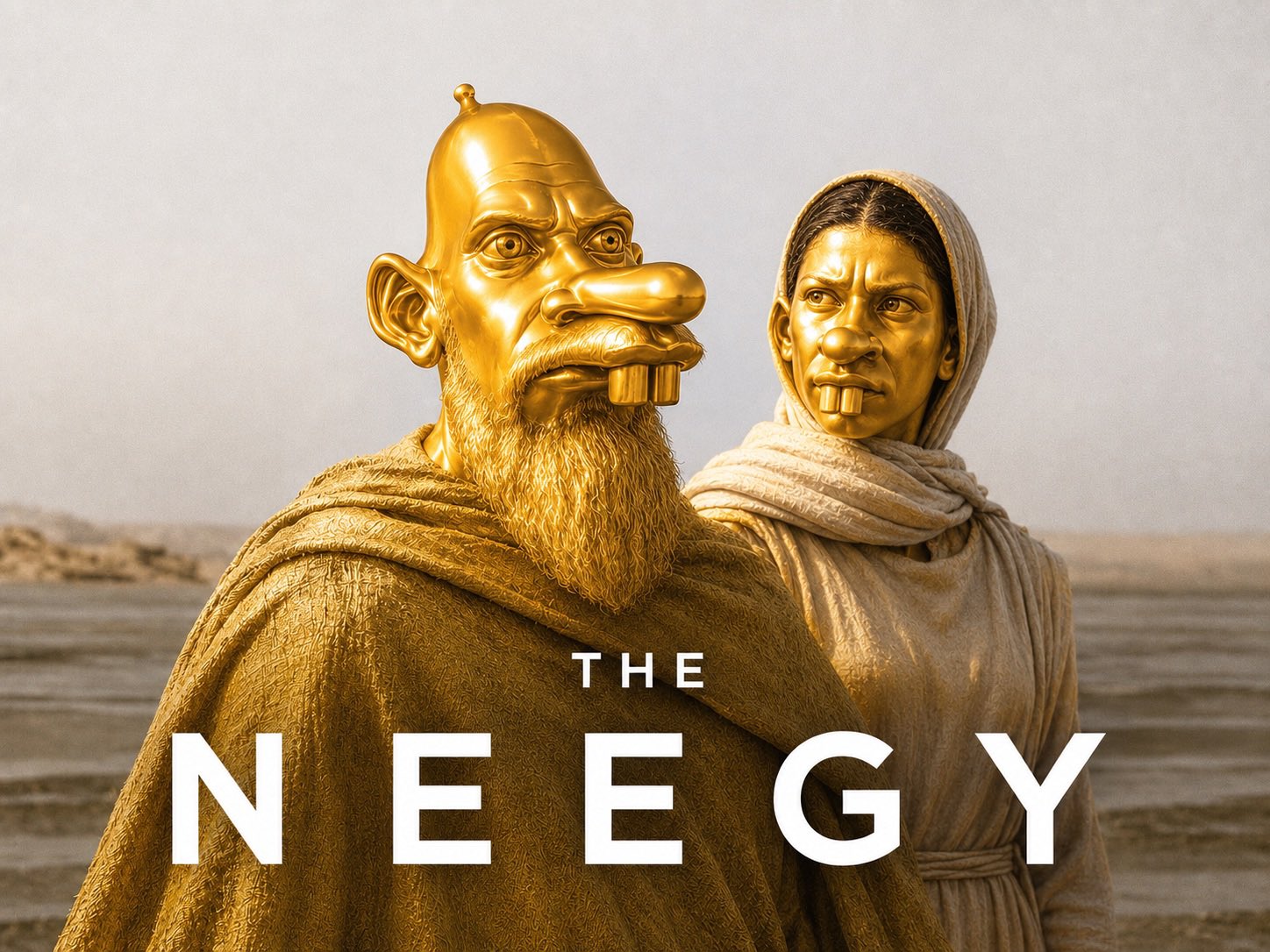 Two golden Neegy figures in robes with THE NEEGY title text