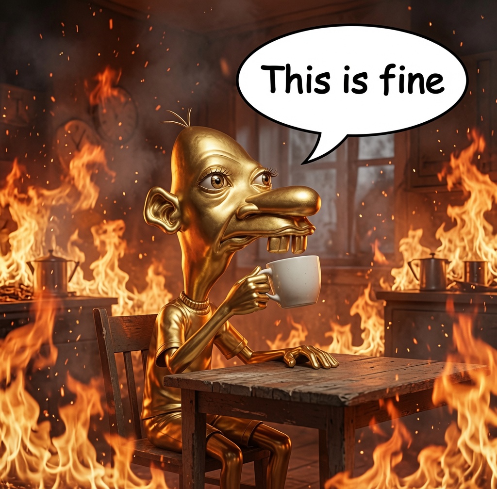 Neegy drinking coffee in a burning room saying this is fine