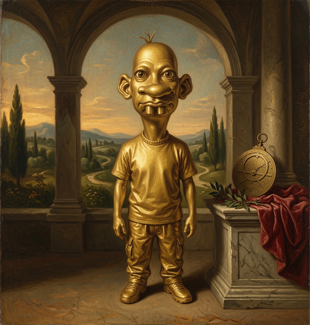 Full-body Neegy portrait in a Renaissance arcade