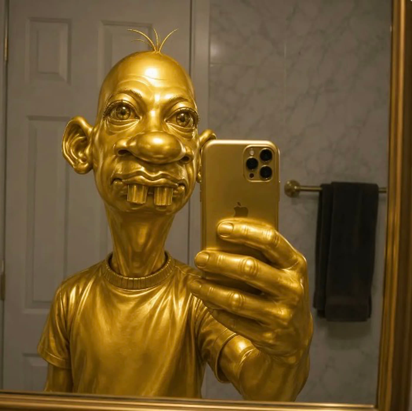 Golden Neegy taking a mirror selfie with a gold phone