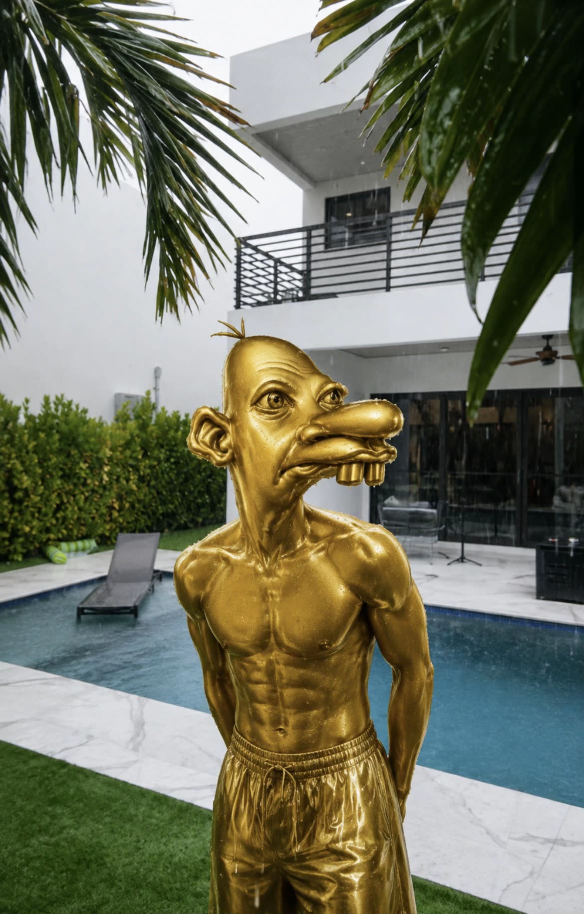 Golden Neegy statue standing by a pool in the rain