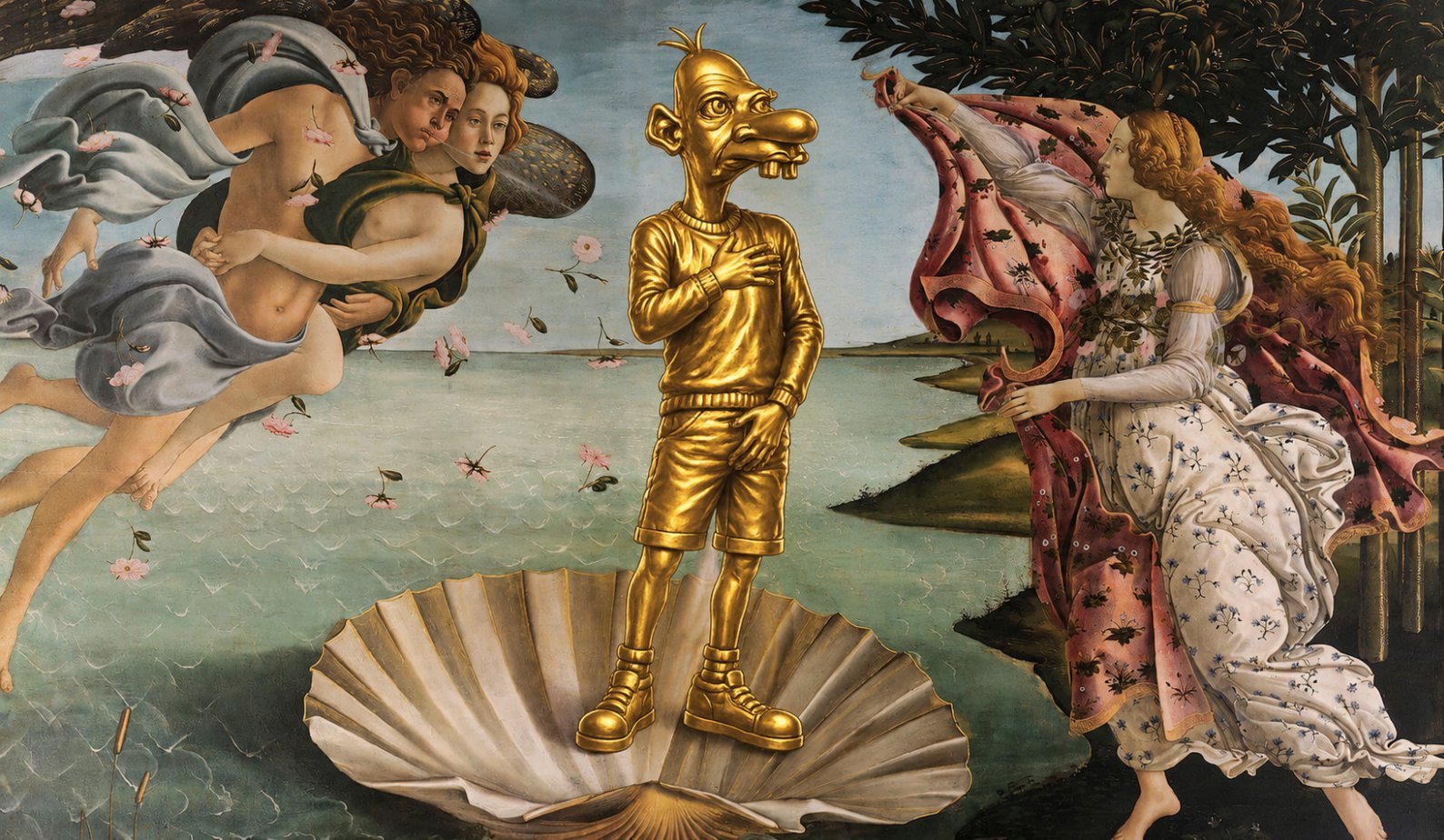 Neegy standing in the shell in a Birth of Venus parody