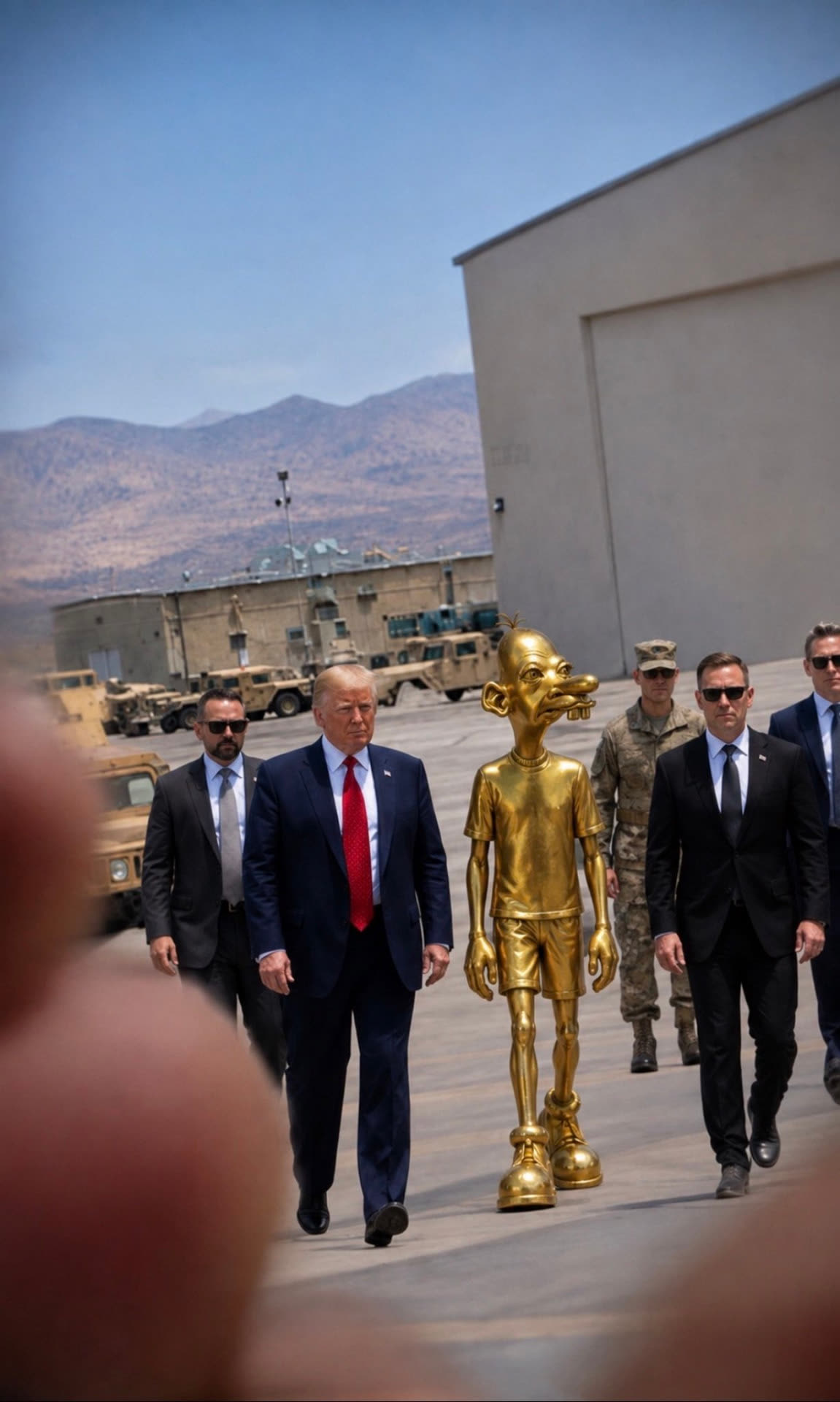 Golden Neegy walking on a tarmac beside a president and security detail