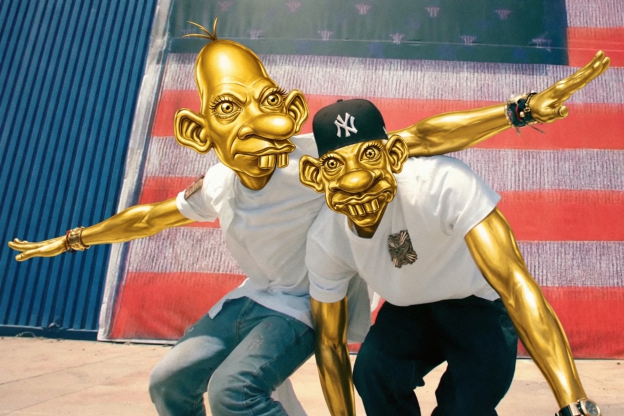 Two Neegy characters posing together outside
