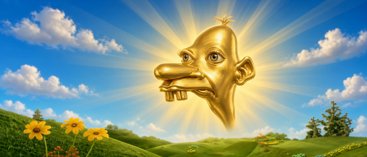 Giant golden Neegy head glowing over green hills