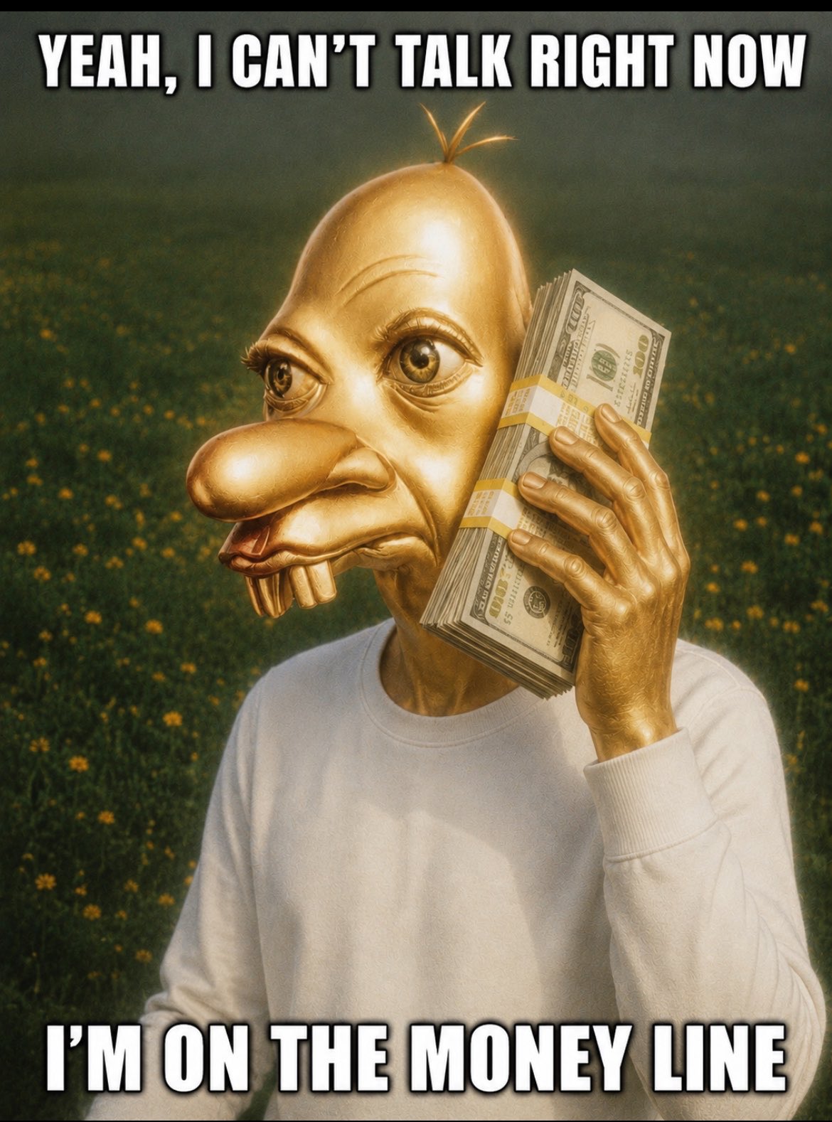 Neegy holding a stack of cash to his ear like a phone